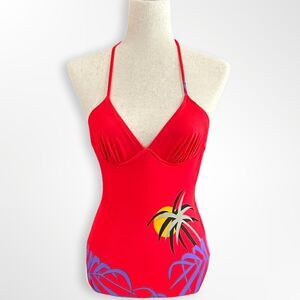 VTG 70s Dippers Red One-Piece Palm Tree, S, Retro Tropical